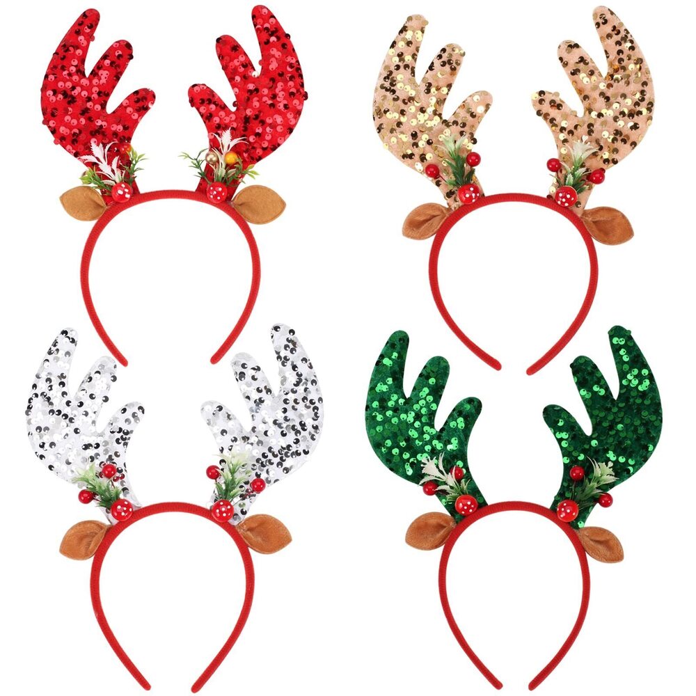 7198 Christmas Headbands Sequins Xmas Headwear Reindeer Antler Hats Cute
